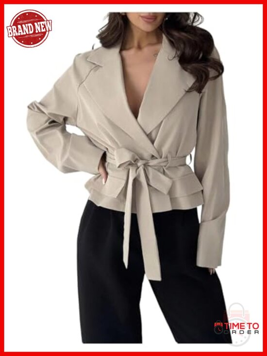 Jackets & Blazers - Women's Tie Belt Double Breasted Trench Coat Long Raglan Sleeve Lapel Collar